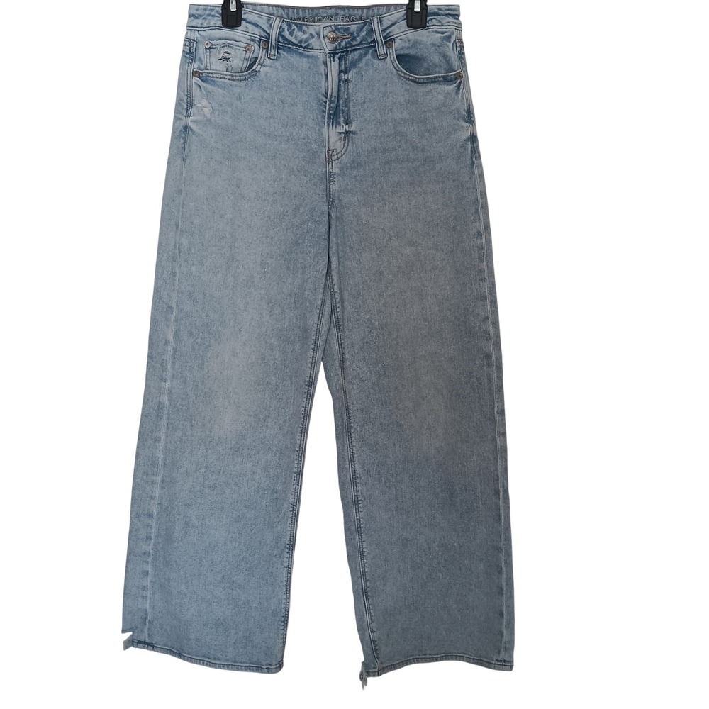 American Eagle Wide Leg Jeans Womens 8 R Light Blue Distressed High Rise Stretch